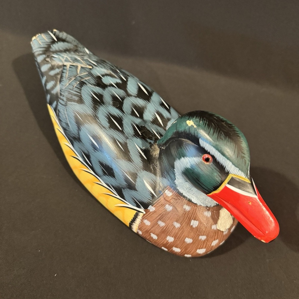 Vintage Hand Painted And Carved Wooden Duck 11" Long *Read